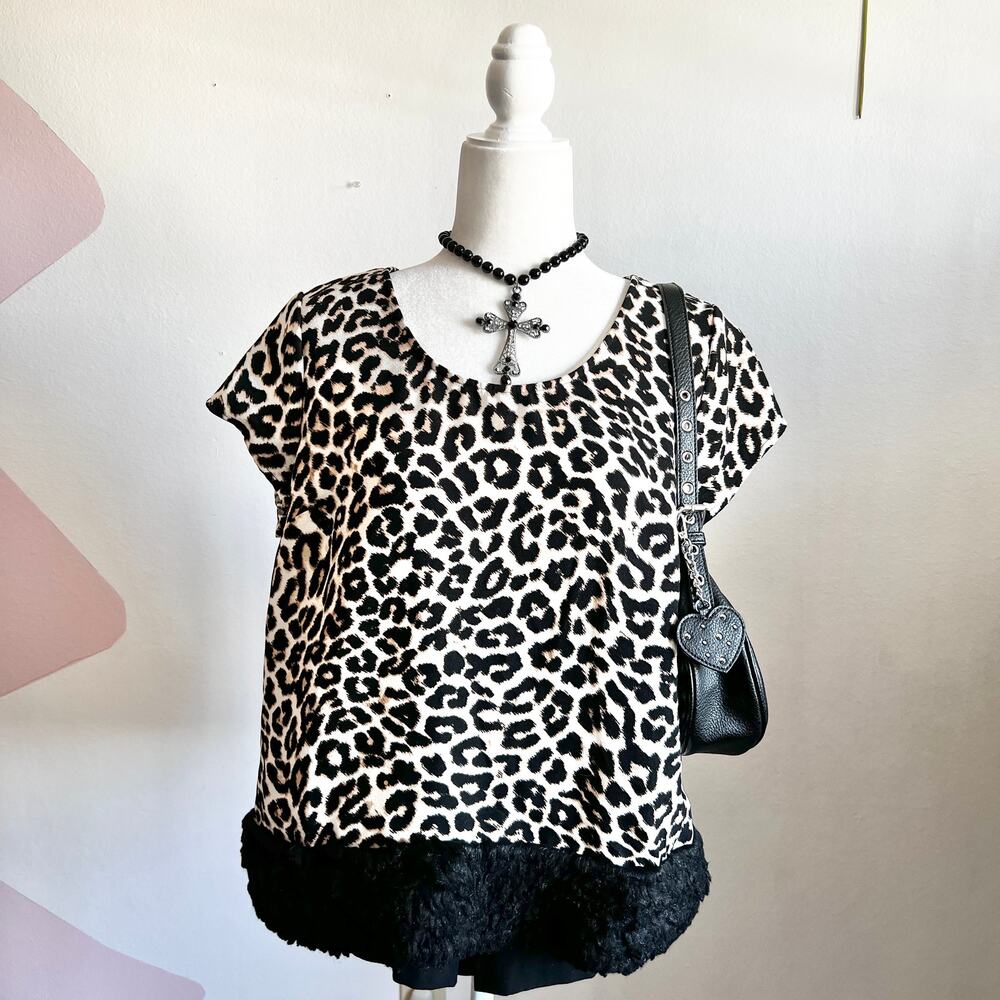 Leopard Fur Trim Top, Grunge, 2000s, Trendy, XL, Retro, Trashy Glam, Bimbo